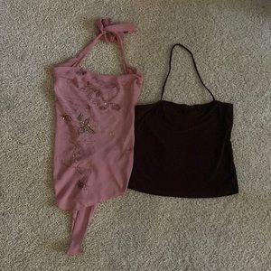 2 piece Rose Pink Sheer Floral Sequined cowl neck halter top, size Small
